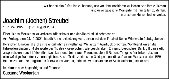 Traueranzeige von Joachim  Streubel von Neue Osnabrücker Zeitung GmbH & Co. KG