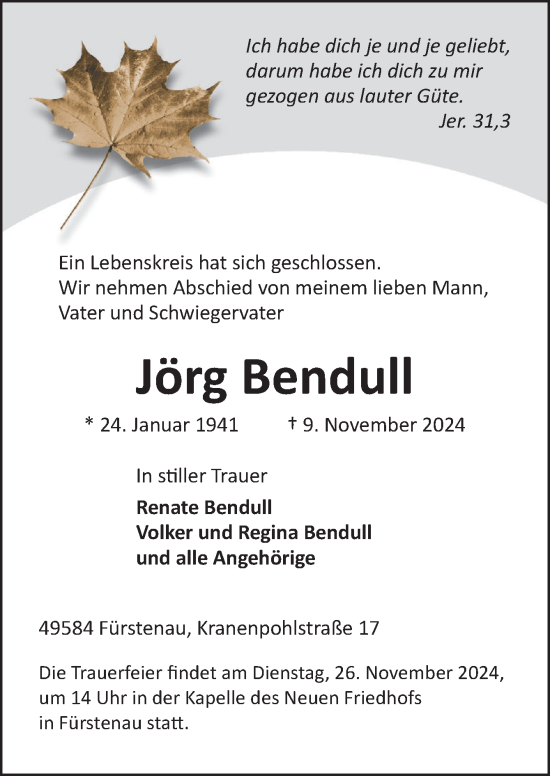 Traueranzeige von Jörg Bendull von Neue Osnabrücker Zeitung GmbH & Co. KG