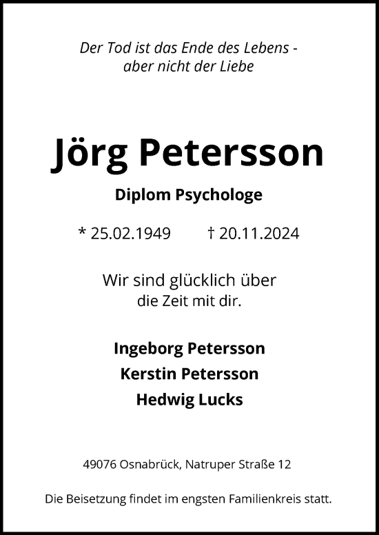 Traueranzeige von Jörg Petersson von Neue Osnabrücker Zeitung GmbH & Co. KG