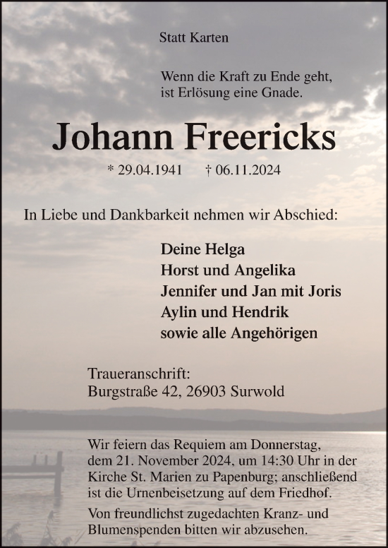 Traueranzeige von Johann Freericks von Neue Osnabrücker Zeitung GmbH & Co. KG