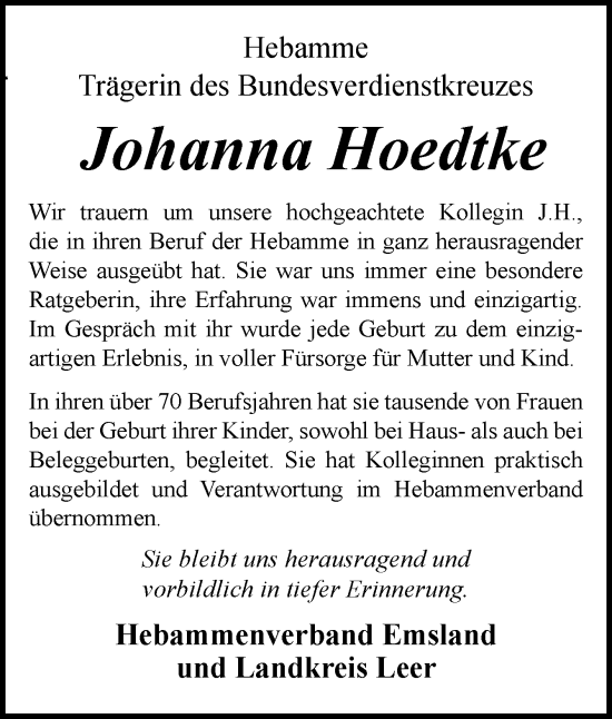 Traueranzeige von Johanna Hoedtke von Neue Osnabrücker Zeitung GmbH & Co. KG