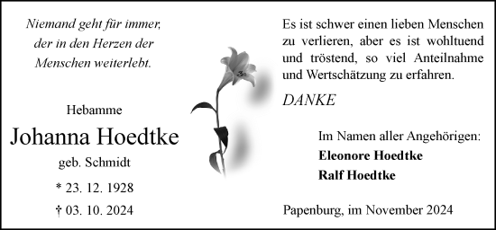 Traueranzeige von Johanna Hoedtke von Neue Osnabrücker Zeitung GmbH & Co. KG