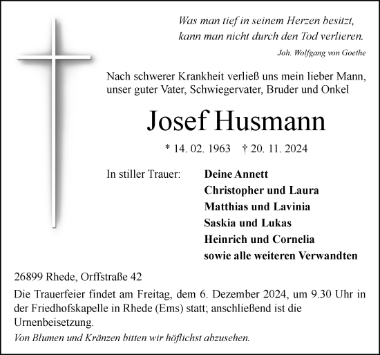 Traueranzeige von Josef Husmann von Neue Osnabrücker Zeitung GmbH & Co. KG