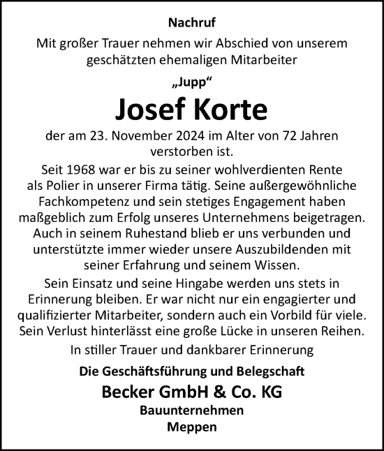 Traueranzeige von Josef Korte von Neue Osnabrücker Zeitung GmbH & Co. KG