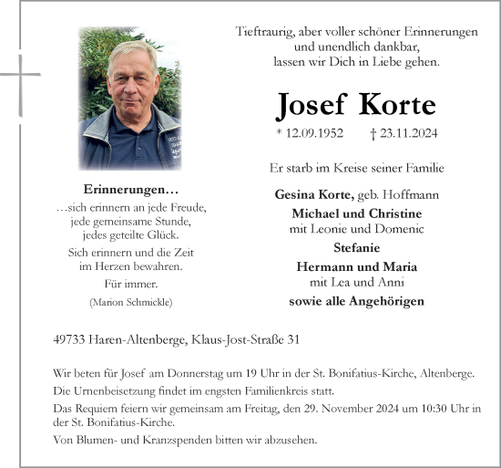 Traueranzeige von Josef Korte von Neue Osnabrücker Zeitung GmbH & Co. KG