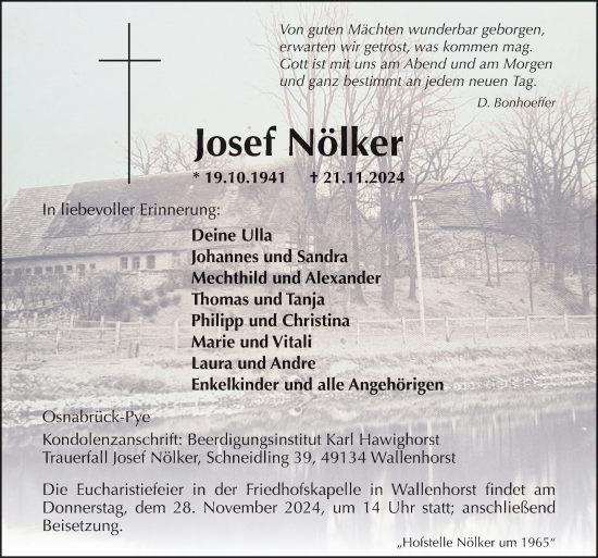 Traueranzeige von Josef Nölker von Neue Osnabrücker Zeitung GmbH & Co. KG