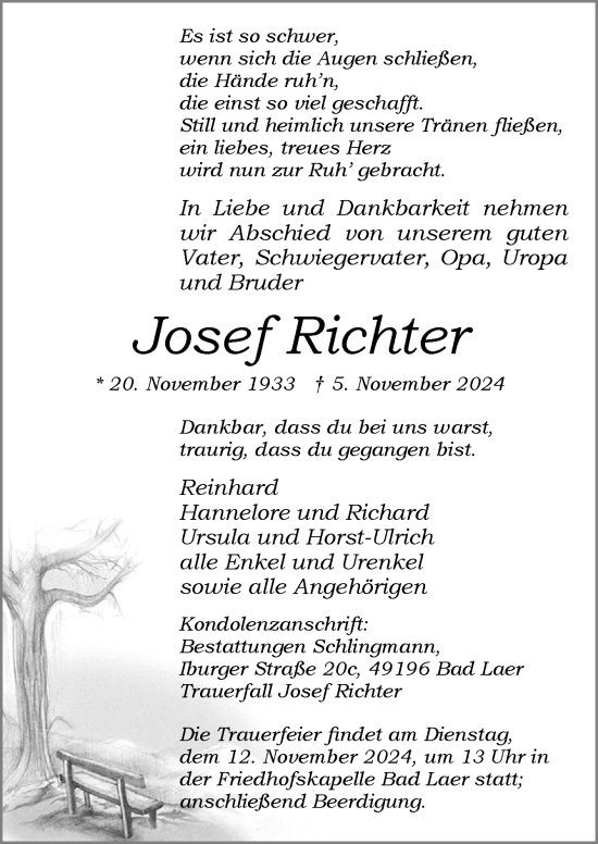 Traueranzeige von Josef Richter von Neue Osnabrücker Zeitung GmbH & Co. KG