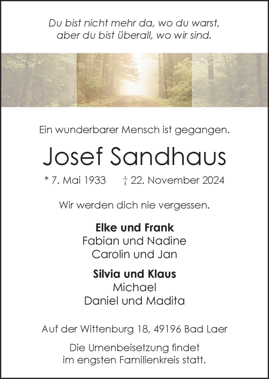 Traueranzeige von Josef Sandhaus von Neue Osnabrücker Zeitung GmbH & Co. KG