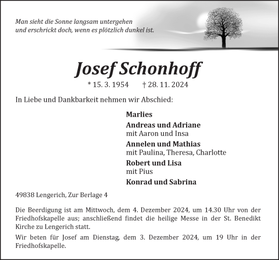 Traueranzeige von Josef Schonhoff von Neue Osnabrücker Zeitung GmbH & Co. KG