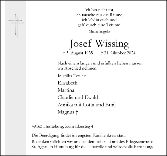 Traueranzeige von Josef Wissing von Neue Osnabrücker Zeitung GmbH & Co. KG