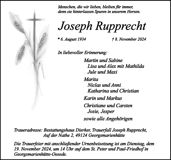 Traueranzeige von Joseph Rupprecht von Neue Osnabrücker Zeitung GmbH & Co. KG