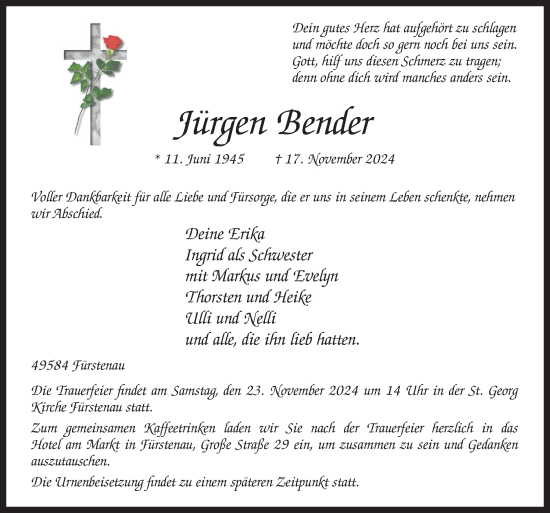 Traueranzeige von Jürgen Bender von Neue Osnabrücker Zeitung GmbH &amp; Co. KG