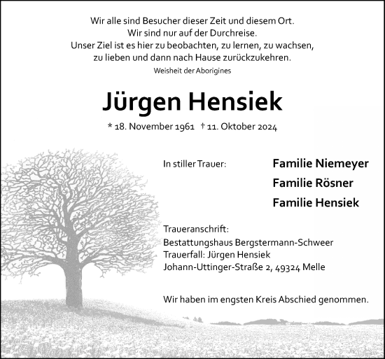 Traueranzeige von Jürgen Hensiek von Neue Osnabrücker Zeitung GmbH & Co. KG