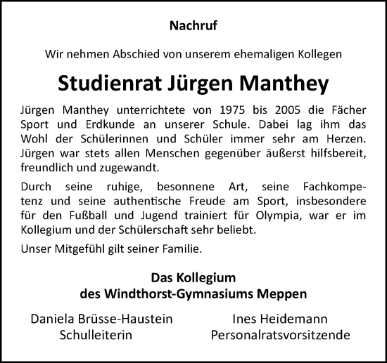 Traueranzeige von Jürgen Manthey von Neue Osnabrücker Zeitung GmbH & Co. KG