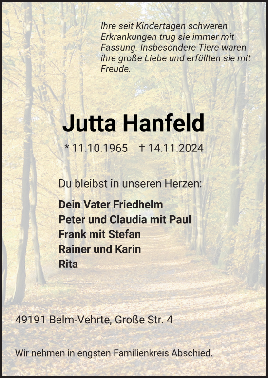 Traueranzeige von Jutta Hanfeld von Neue Osnabrücker Zeitung GmbH & Co. KG