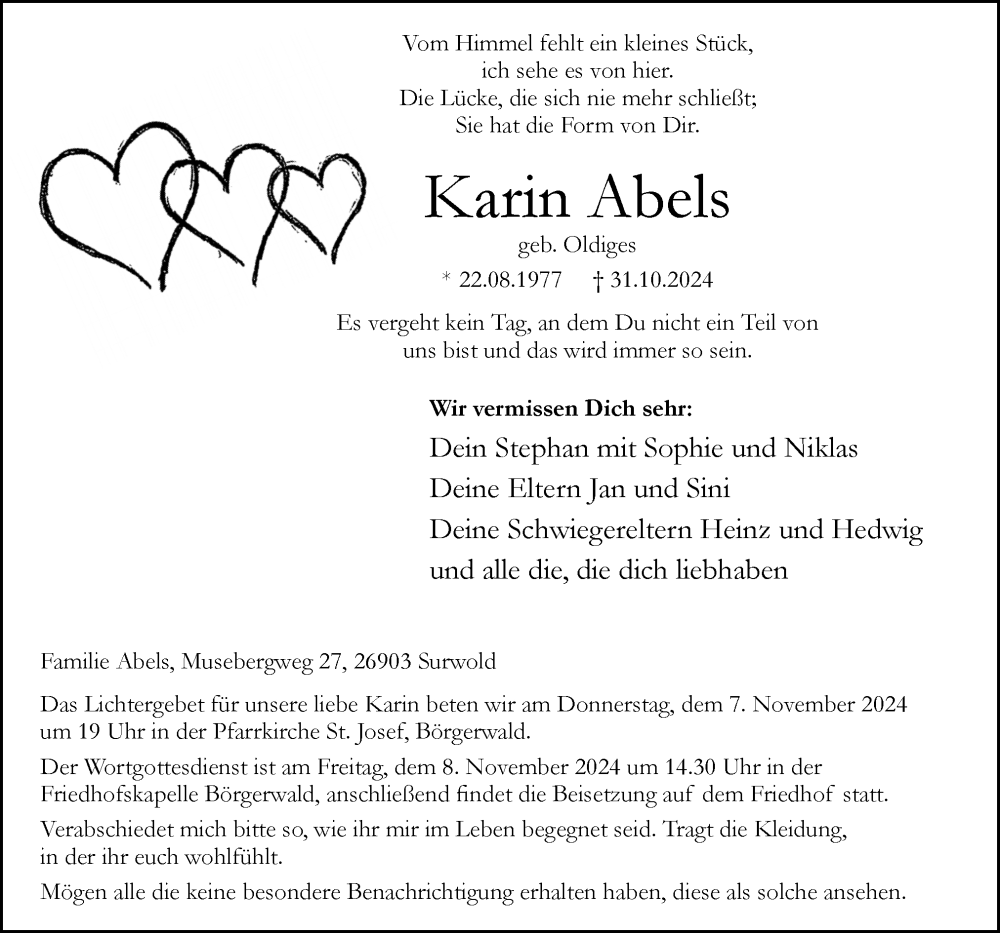  Traueranzeige für Karin Abels vom 04.11.2024 aus Neue Osnabrücker Zeitung GmbH & Co. KG