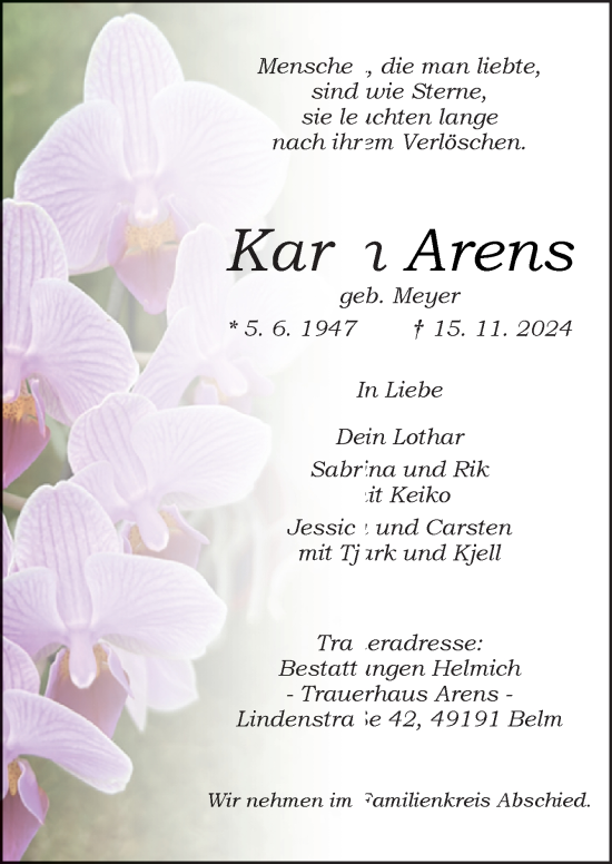 Traueranzeige von Karin Arens von Neue Osnabrücker Zeitung GmbH & Co. KG