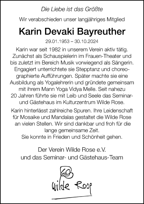 Traueranzeige von Karin Devaki Bayreuther von Neue Osnabrücker Zeitung GmbH & Co. KG