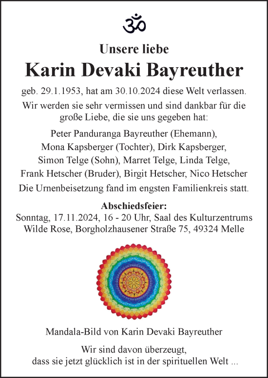 Traueranzeige von Karin Devaki Bayreuther von Neue Osnabrücker Zeitung GmbH & Co. KG