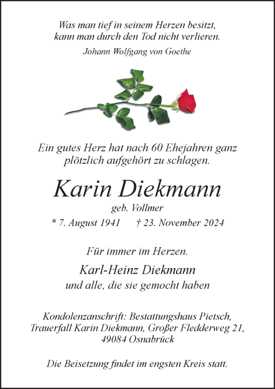 Traueranzeige von Karin Diekmann von Neue Osnabrücker Zeitung GmbH & Co. KG