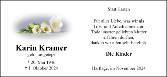 Traueranzeige von Karin Kramer von Neue Osnabrücker Zeitung GmbH & Co. KG