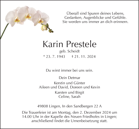 Traueranzeige von Karin Prestele von Neue Osnabrücker Zeitung GmbH & Co. KG