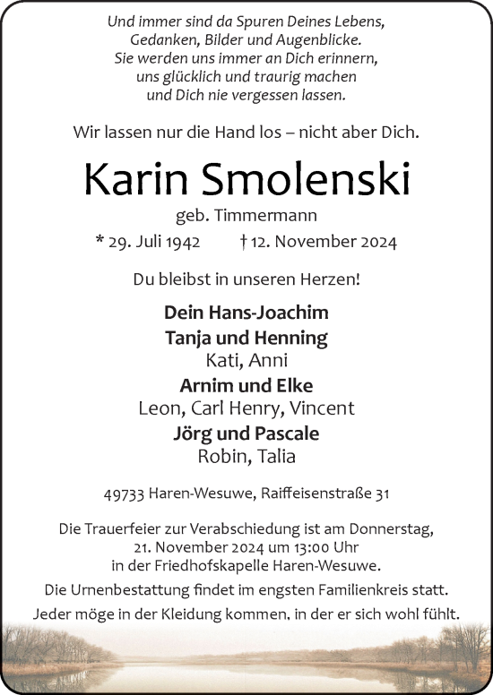 Traueranzeige von Karin Smolenski von Neue Osnabrücker Zeitung GmbH & Co. KG