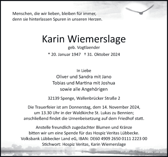 Traueranzeige von Karin Wiemerslage von Neue Osnabrücker Zeitung GmbH & Co. KG