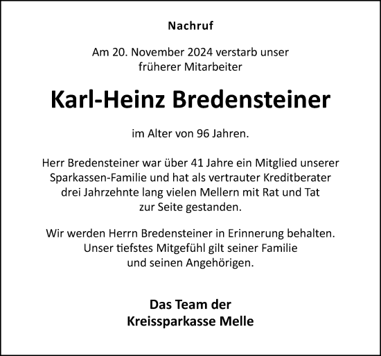 Traueranzeige von Karl-Heinz Bredensteiner von Neue Osnabrücker Zeitung GmbH & Co. KG