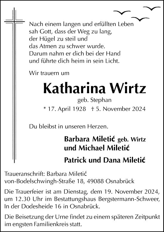 Traueranzeige von Katharina Wirtz von Neue Osnabrücker Zeitung GmbH & Co. KG