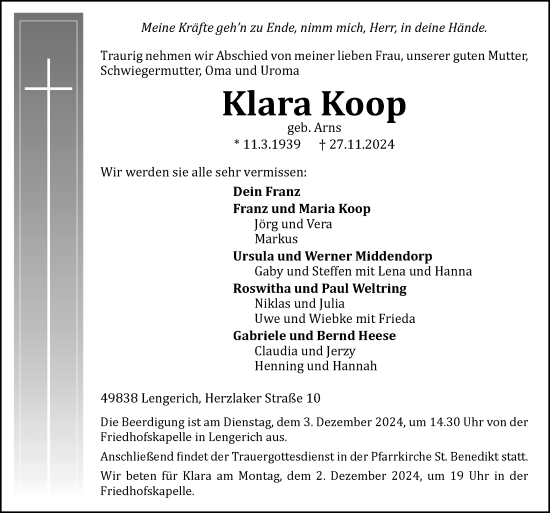 Traueranzeige von Klara Koop von Neue Osnabrücker Zeitung GmbH & Co. KG