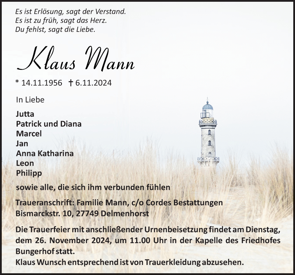  Traueranzeige für Klaus Mann vom 09.11.2024 aus DK Medien GmbH & Co. KG