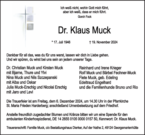 Traueranzeige von Klaus Muck von Neue Osnabrücker Zeitung GmbH & Co. KG