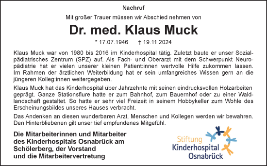 Traueranzeige von Klaus Muck von Neue Osnabrücker Zeitung GmbH & Co. KG