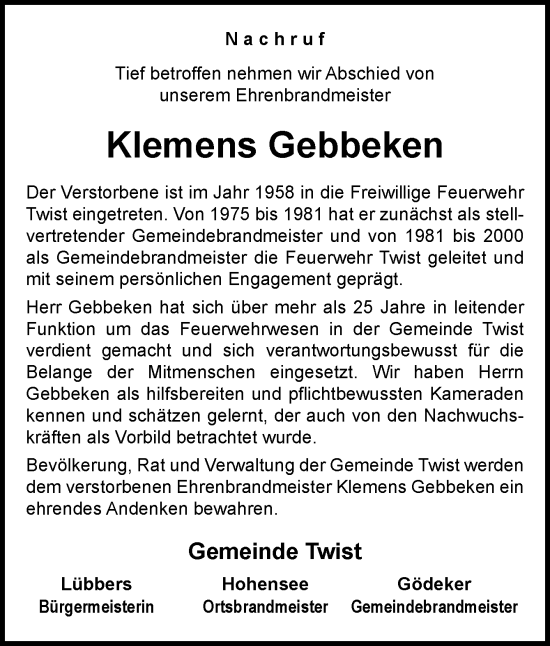 Traueranzeige von Klemens Gebbeken von Neue Osnabrücker Zeitung GmbH & Co. KG