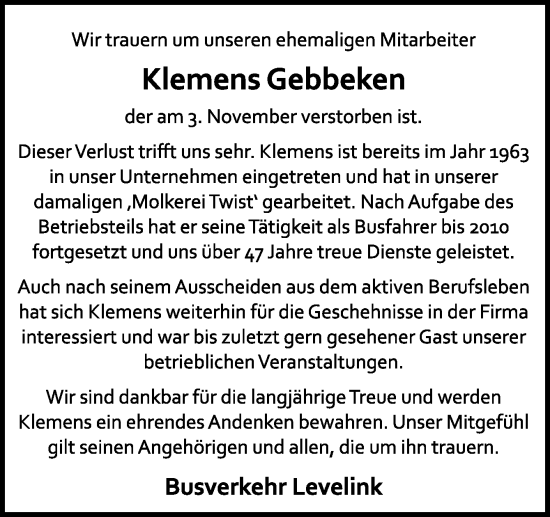 Traueranzeige von Klemens Gebbeken von Neue Osnabrücker Zeitung GmbH & Co. KG