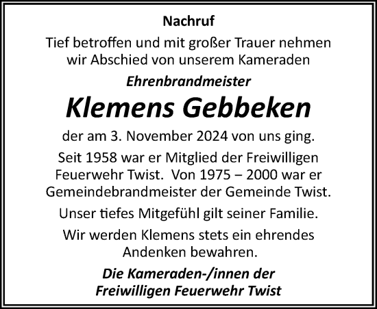 Traueranzeige von Klemens Gebbeken von Neue Osnabrücker Zeitung GmbH & Co. KG