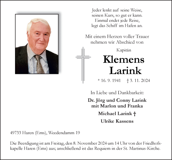 Traueranzeige von Klemens Larink von Neue Osnabrücker Zeitung GmbH & Co. KG