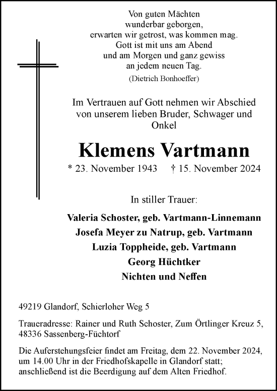 Traueranzeige von Klemens Vartmann von Neue Osnabrücker Zeitung GmbH & Co. KG