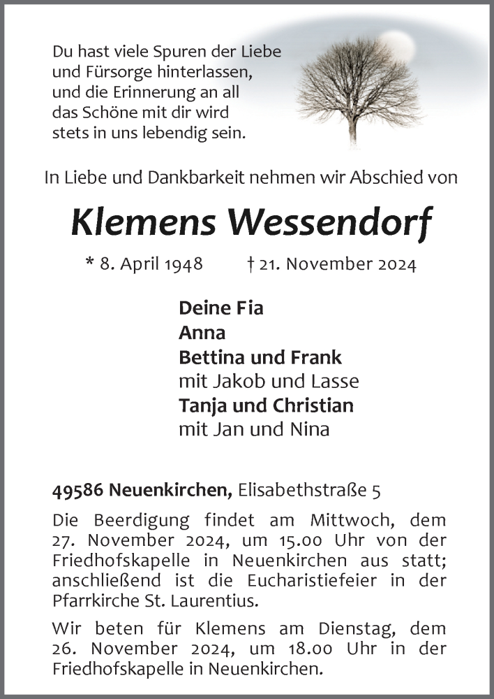  Traueranzeige für Klemens Wessendorf vom 23.11.2024 aus Neue Osnabrücker Zeitung GmbH & Co. KG