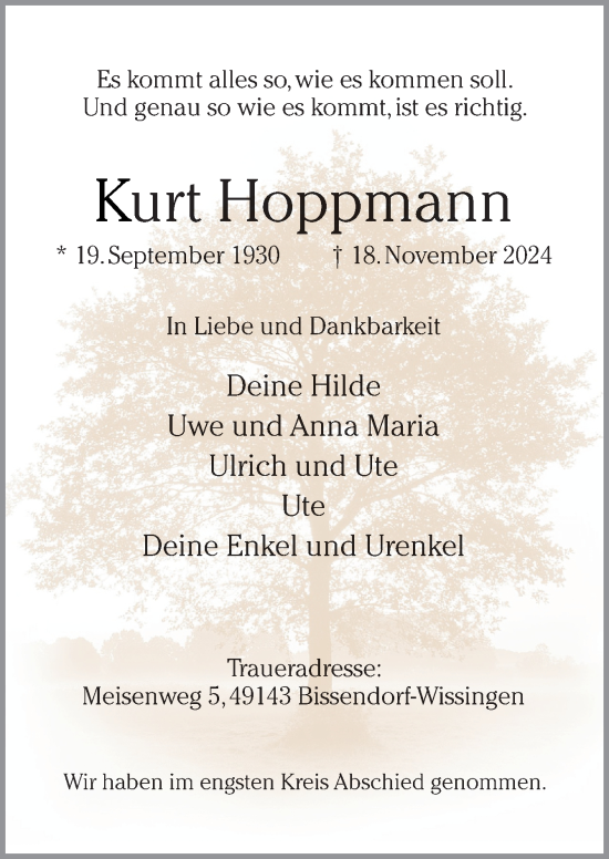 Traueranzeige von Kurt Hoppmann von Neue Osnabrücker Zeitung GmbH & Co. KG