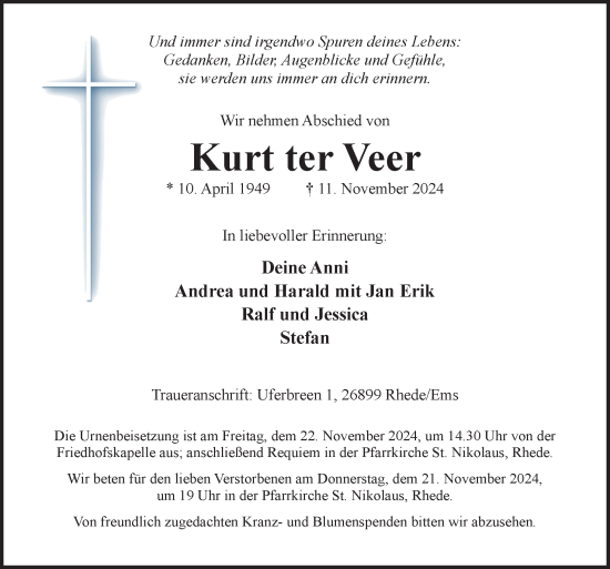 Traueranzeige von Kurt  ter Veer von Neue Osnabrücker Zeitung GmbH & Co. KG