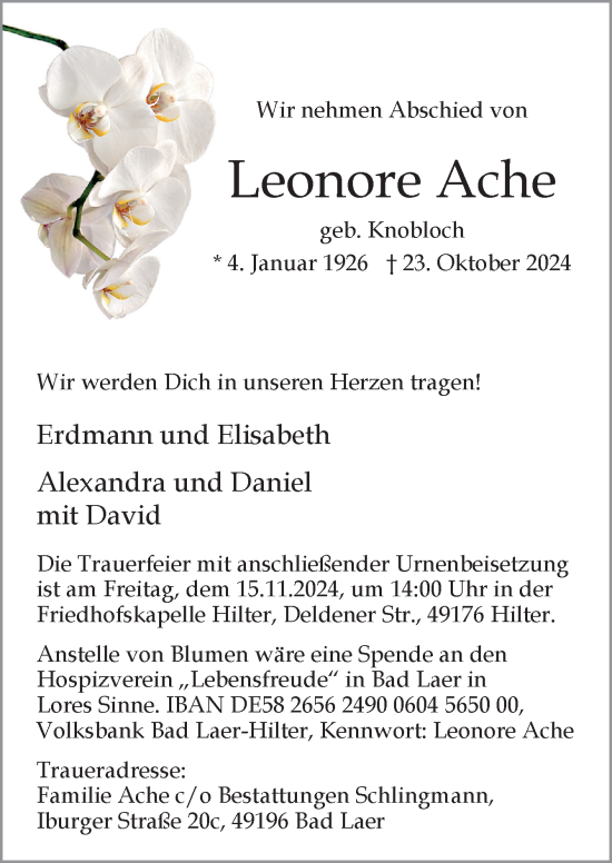 Traueranzeige von Leonore Ache von Neue Osnabrücker Zeitung GmbH & Co. KG