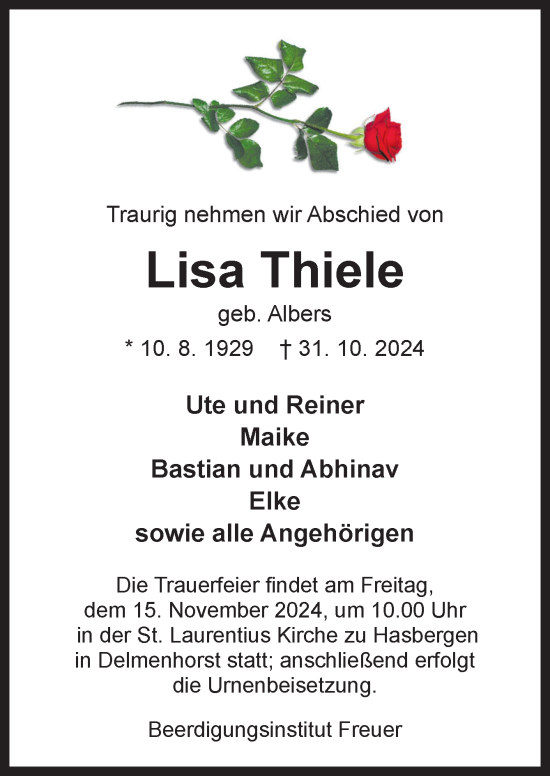 Traueranzeige von Lisa Thiele von DK Medien GmbH & Co. KG