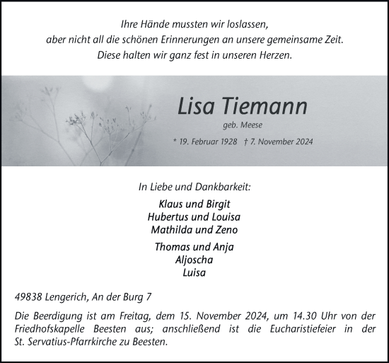 Traueranzeige von Lisa Tiemann von Neue Osnabrücker Zeitung GmbH & Co. KG