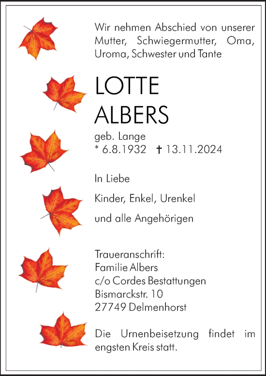 Traueranzeige von Lotte Albers von DK Medien GmbH & Co. KG