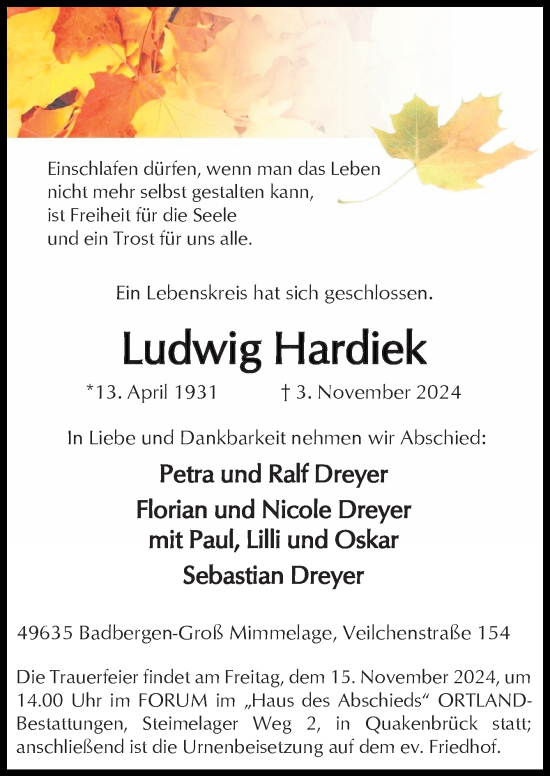 Traueranzeige von Ludwig Hardiek von Neue Osnabrücker Zeitung GmbH & Co. KG