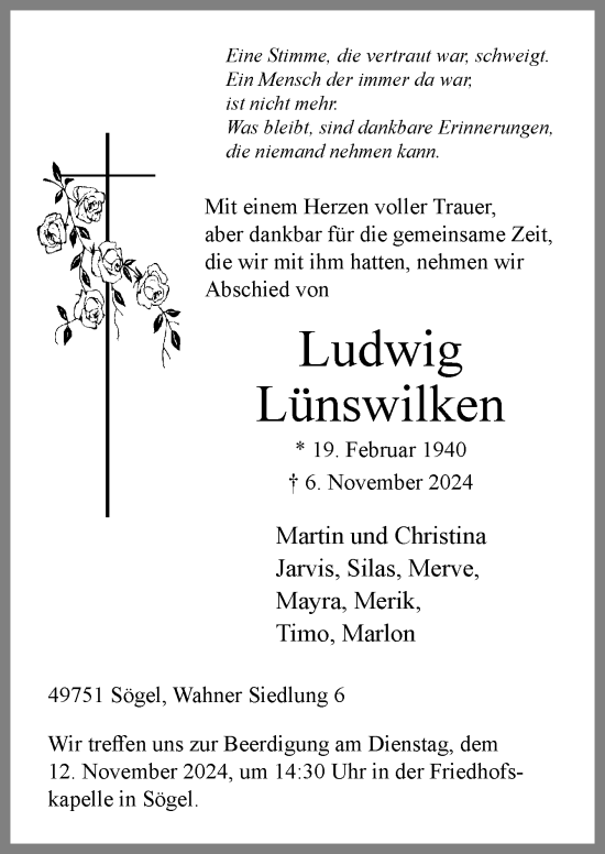 Traueranzeige von Ludwig Lünswilken von Neue Osnabrücker Zeitung GmbH & Co. KG