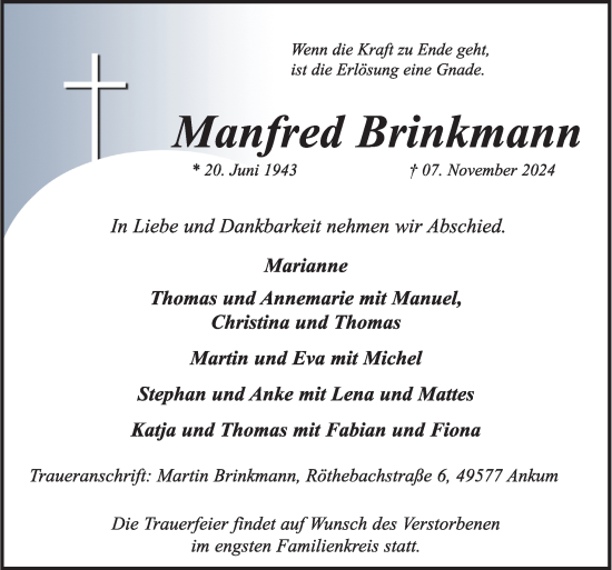 Traueranzeige von Manfred Brinkmann von Neue Osnabrücker Zeitung GmbH & Co. KG