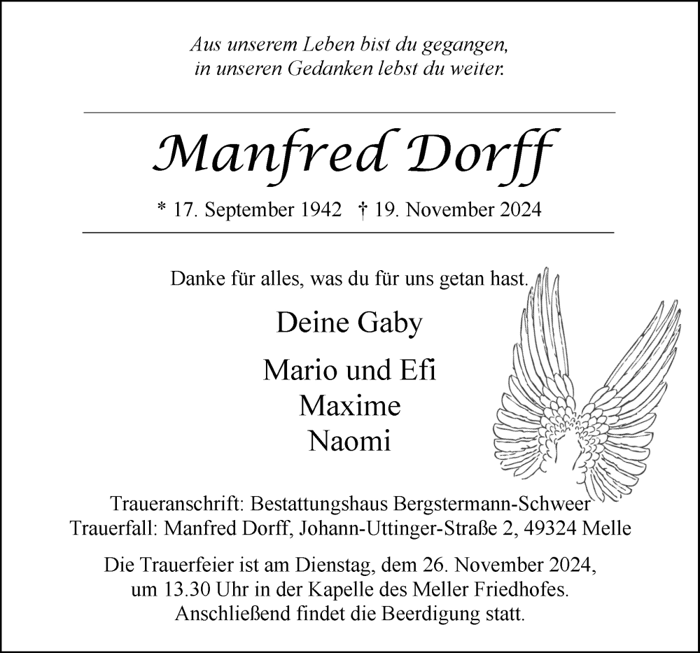  Traueranzeige für Manfred Dorff vom 23.11.2024 aus Neue Osnabrücker Zeitung GmbH & Co. KG